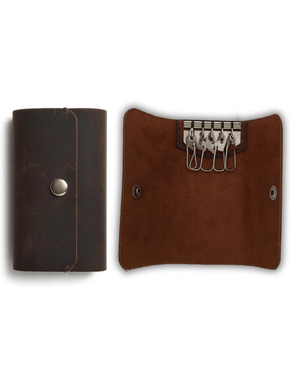 Stylish Brown Leather Key Sleeve with 6 Hooks & Snap Closure - Key Organizer